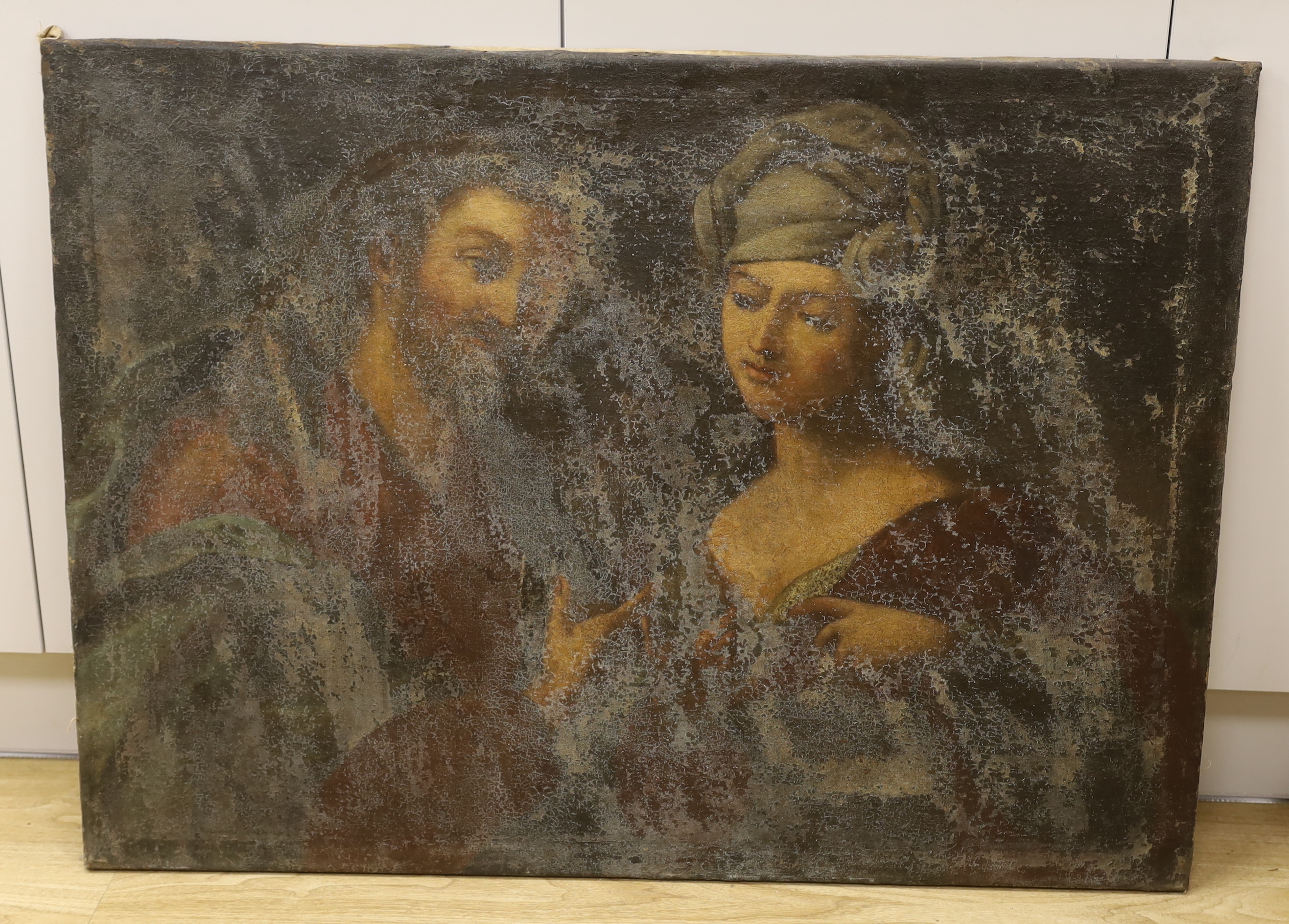 19th century school, oil on canvas, Mary Magdalene and Christ, 74 x 100cm, unframed